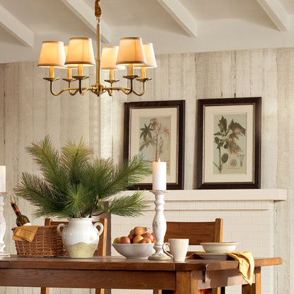 Traditional Vintage Curved Line Branch Cylinder Fabric Copper 4/6/8 Light Chandelier For Living Room