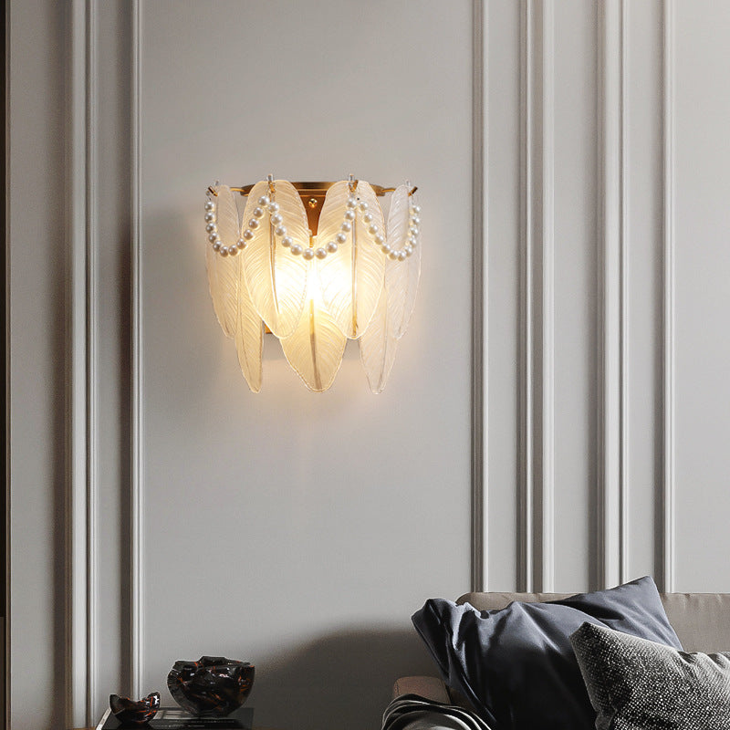 Traditional French Leaf Half Round Glass Iron 2-Light Wall Sconce Lamp For Living Room