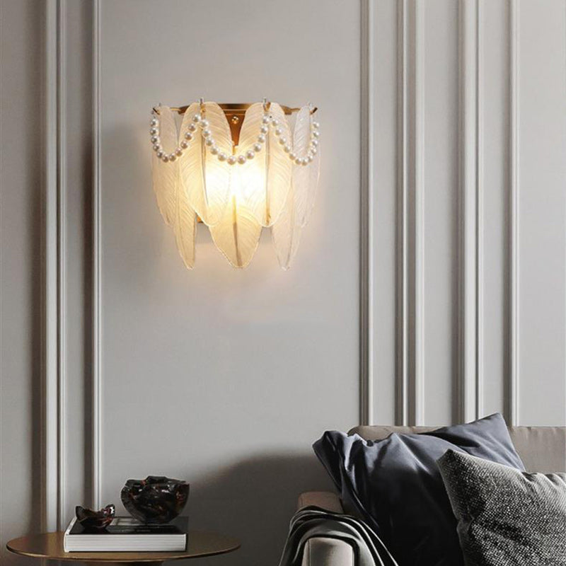 Traditional French Leaf Half Round Glass Iron 2-Light Wall Sconce Lamp For Living Room