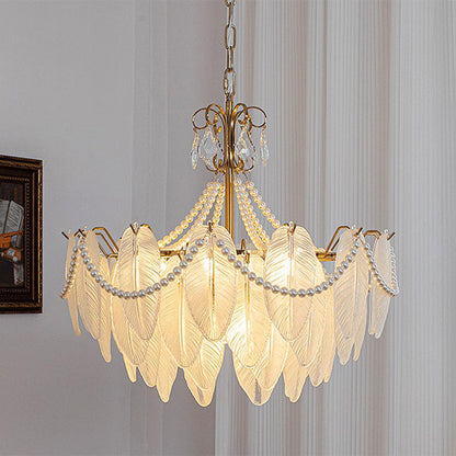 Traditional French Round Leaf Pendant Glass Iron 3/6/9/12 Light Chandelier For Living Room