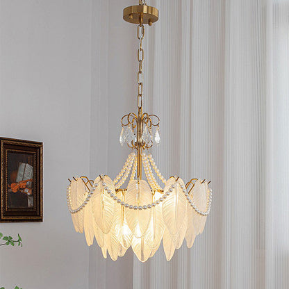 Traditional French Round Leaf Pendant Glass Iron 3/6/9/12 Light Chandelier For Living Room