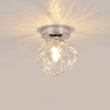 Modern Minimalist Ice Block Irregular Round Glass Iron 1-Light Semi-Flush Mount Ceiling Light For Living Room