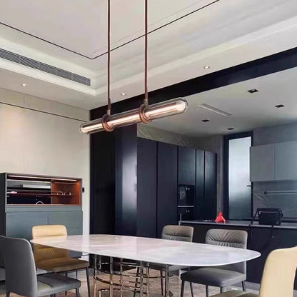 Modern Minimalist Long Cylinder Glass Belt LED Chandelier Island Light For Dining Room