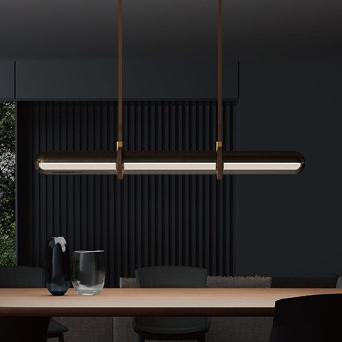 Modern Minimalist Long Cylinder Glass Belt LED Chandelier Island Light For Dining Room
