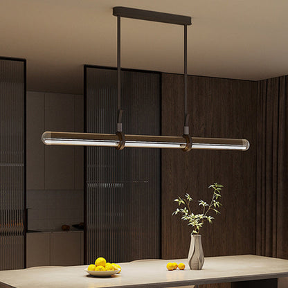 Modern Minimalist Long Cylinder Glass Belt LED Chandelier Island Light For Dining Room
