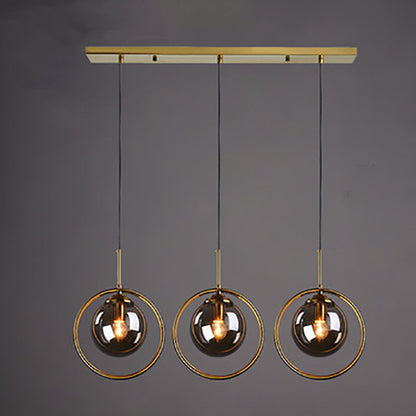 Contemporary Scandinavian Round Orb Long Plate Glass Iron 3-Light Chandeliers For Living Room