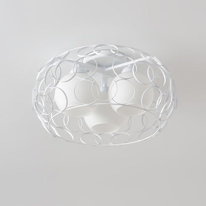 Contemporary Industrial Openwork Circle Round Glass Iron 3-Light Semi-Flush Mount Ceiling Light For Bedroom