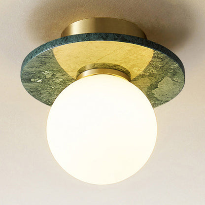 Contemporary Nordic Round Magic Bean Glass Marble Copper 1-Light Semi-Flush Mount Ceiling Light For Bedroom