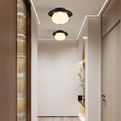 Traditional Vintage Pumpkin Cotton Round PE Black Hole Stone Hardware 1-Light Semi-Flush Mount Ceiling Light For Bedroom
