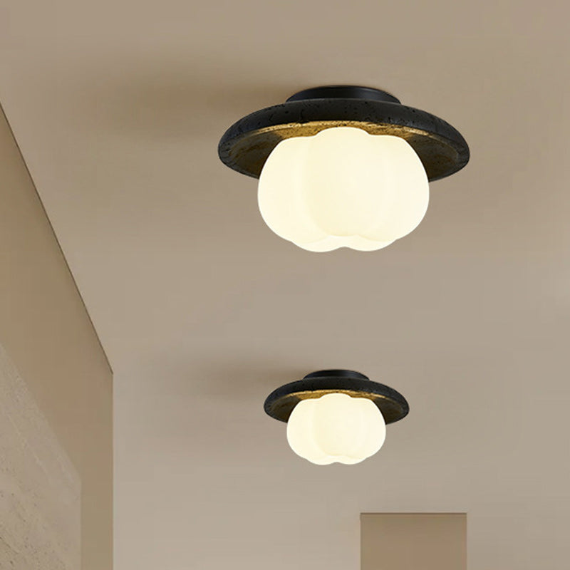 Traditional Vintage Pumpkin Cotton Round PE Black Hole Stone Hardware 1-Light Semi-Flush Mount Ceiling Light For Bedroom
