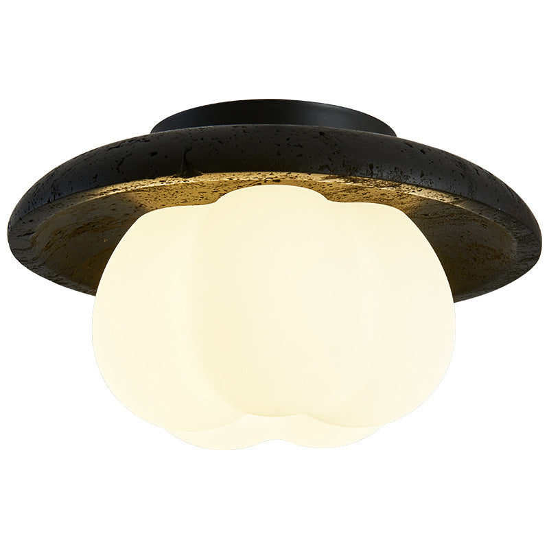 Traditional Vintage Pumpkin Cotton Round PE Black Hole Stone Hardware 1-Light Semi-Flush Mount Ceiling Light For Bedroom