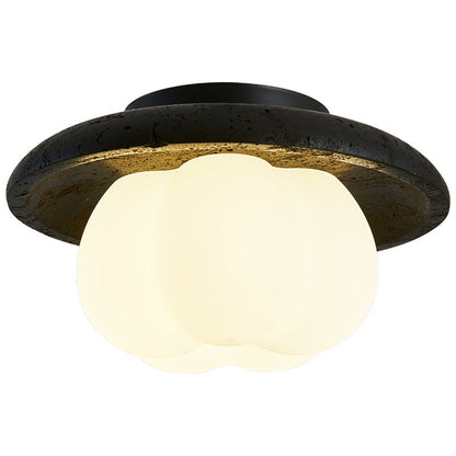 Traditional Vintage Pumpkin Cotton Round PE Black Hole Stone Hardware 1-Light Semi-Flush Mount Ceiling Light For Bedroom