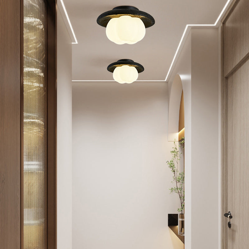 Traditional Vintage Pumpkin Cotton Round PE Black Hole Stone Hardware 1-Light Semi-Flush Mount Ceiling Light For Bedroom