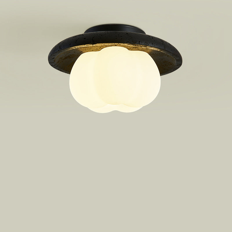 Traditional Vintage Pumpkin Cotton Round PE Black Hole Stone Hardware 1-Light Semi-Flush Mount Ceiling Light For Bedroom