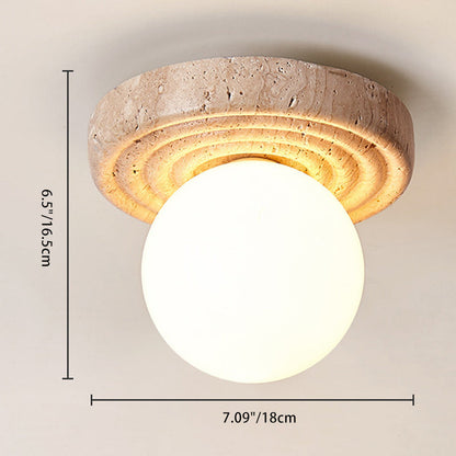 Contemporary Nordic Round Pleated Magic Bean Glass Beige Travertine 1-Light Semi-Flush Mount Ceiling Light For Living Room