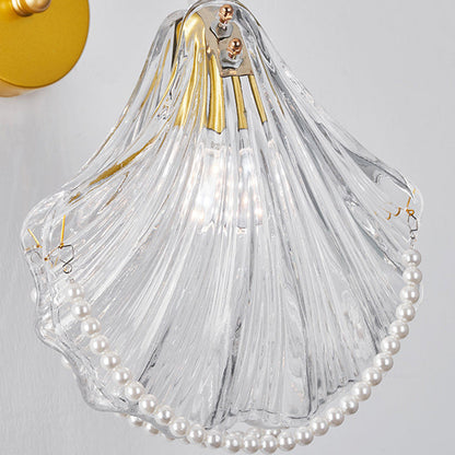 Traditional French Round Feather Shell Pearl Glass Hardware 1-Light Wall Sconce Lamp For Bedroom