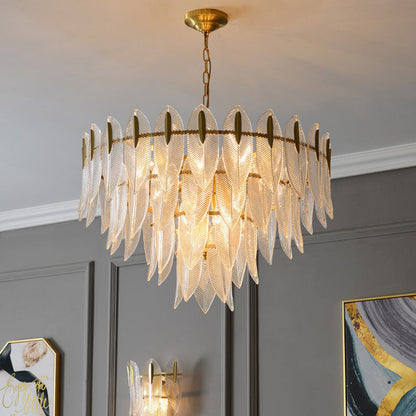 Contemporary Creative Feather Round Layered Glass Metal 6/9/12 Light Chandelier For Living Room