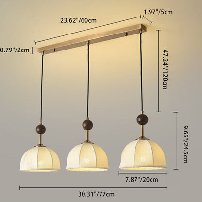 Traditional Chinese Round Ball Half Round Fabric Solid Wood Iron 3-Light Pendant Light For Living Room