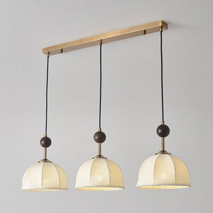 Traditional Chinese Round Ball Half Round Fabric Solid Wood Iron 3-Light Pendant Light For Living Room