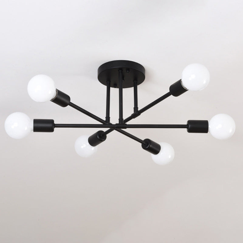 Contemporary Nordic Cross Cylinder Round Iron 6-Light Semi-Flush Mount Ceiling Light For Living Room