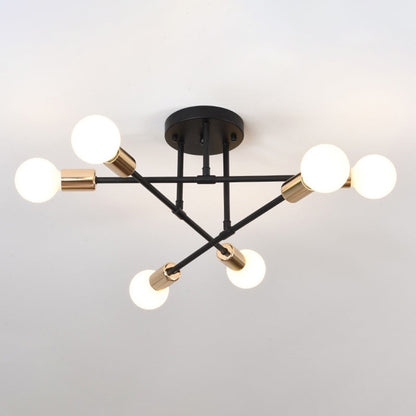 Contemporary Nordic Cross Cylinder Round Iron 6-Light Semi-Flush Mount Ceiling Light For Living Room