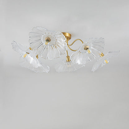 Traditional French Trumpet Branch Round Glass Copper 3/5/6 Light Semi-Flush Mount Ceiling Light For Living Room