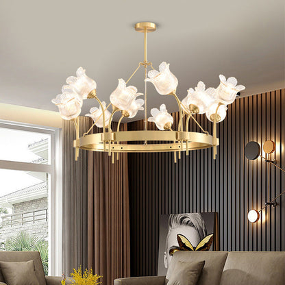 Modern Luxury Round Strip Floral Glass Copper 8/10/12 Light Chandelier For Living Room