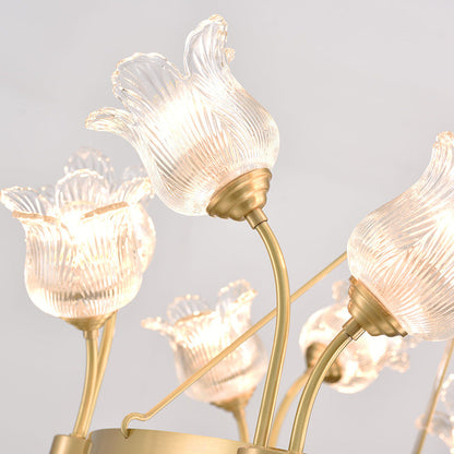 Modern Luxury Round Strip Floral Glass Copper 8/10/12 Light Chandelier For Living Room