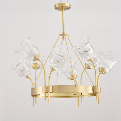 Modern Luxury Round Strip Floral Glass Copper 8/10/12 Light Chandelier For Living Room
