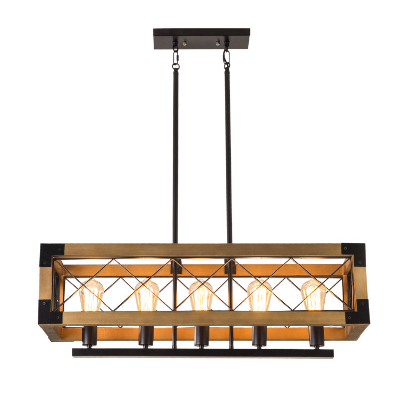 Traditional Vintage Rectangle Square Skeleton Wood Iron 4/5 Lights Chandelier For Living Room