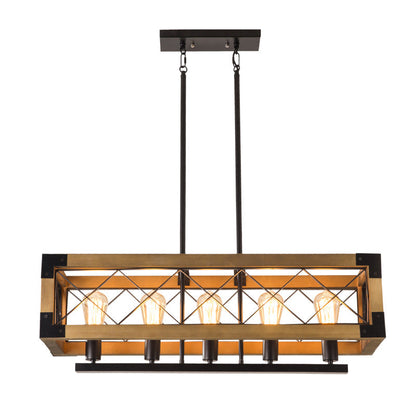 Traditional Vintage Rectangle Square Skeleton Wood Iron 4/5 Lights Chandelier For Living Room