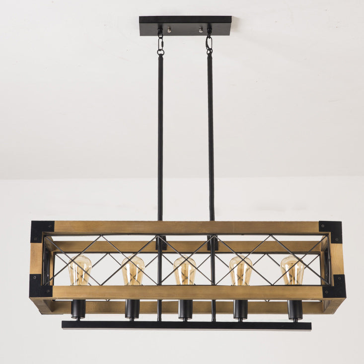 Traditional Vintage Rectangle Square Skeleton Wood Iron 4/5 Lights Chandelier For Living Room