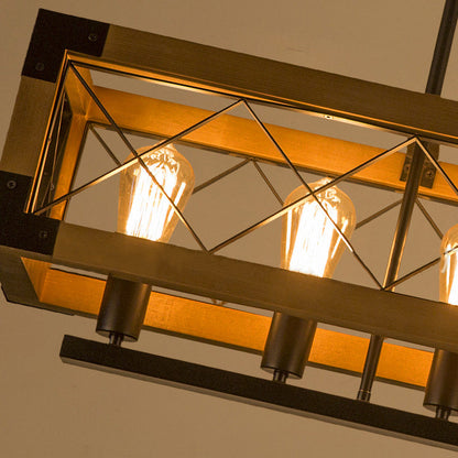 Traditional Vintage Rectangle Square Skeleton Wood Iron 4/5 Lights Chandelier For Living Room