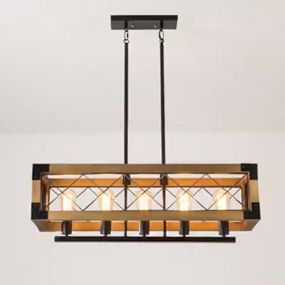 Traditional Vintage Rectangle Square Skeleton Wood Iron 4/5 Lights Chandelier For Living Room