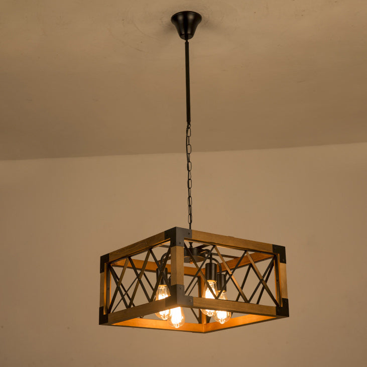 Traditional Vintage Rectangle Square Skeleton Wood Iron 4/5 Lights Chandelier For Living Room