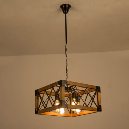 Traditional Vintage Rectangle Square Skeleton Wood Iron 4/5 Lights Chandelier For Living Room