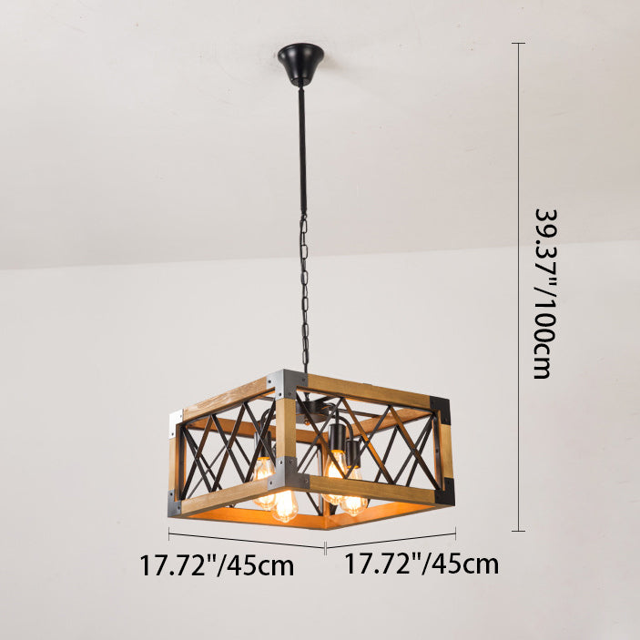 Traditional Vintage Rectangle Square Skeleton Wood Iron 4/5 Lights Chandelier For Living Room