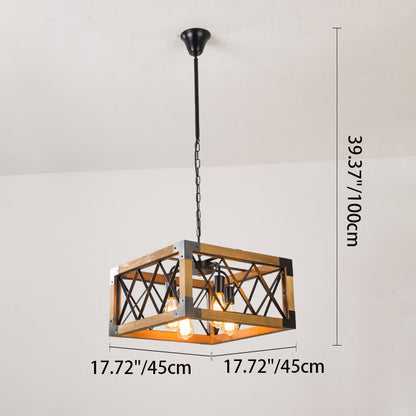 Traditional Vintage Rectangle Square Skeleton Wood Iron 4/5 Lights Chandelier For Living Room