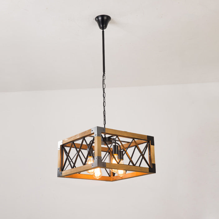 Traditional Vintage Rectangle Square Skeleton Wood Iron 4/5 Lights Chandelier For Living Room