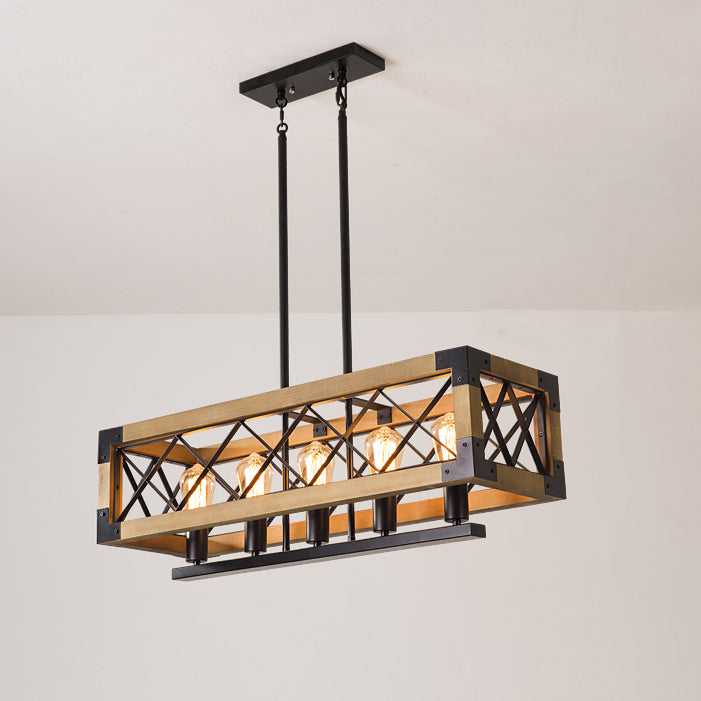 Traditional Vintage Rectangle Square Skeleton Wood Iron 4/5 Lights Chandelier For Living Room