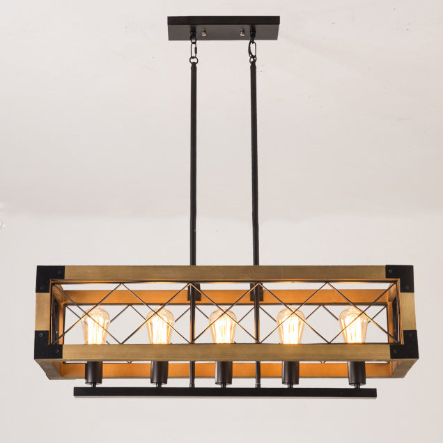 Traditional Vintage Rectangle Square Skeleton Wood Iron 4/5 Lights Chandelier For Living Room