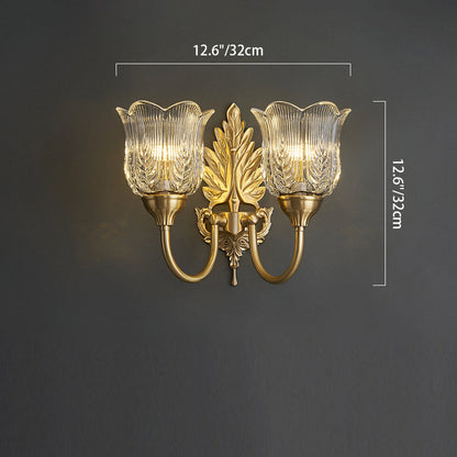 Traditional French Leaf Pod Bend Glass Brass 2-Light Wall Sconce Lamp For Living Room