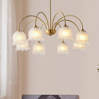 Traditional Vintage Round Floral Curved Branch Glass Brass 3/5/8 Light Chandelier For Living Room
