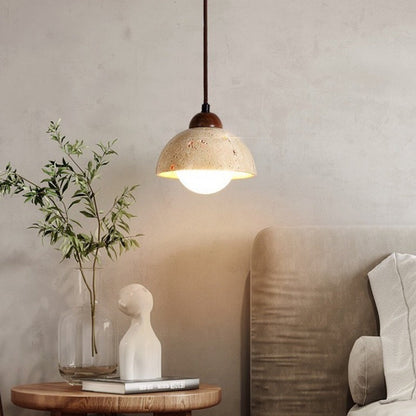 Traditional Japanese Disc Round Cylinder Yellow Travertine Solid Wood 1-Light Pendant Light For Living Room