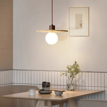 Traditional Japanese Disc Round Cylinder Yellow Travertine Solid Wood 1-Light Pendant Light For Living Room