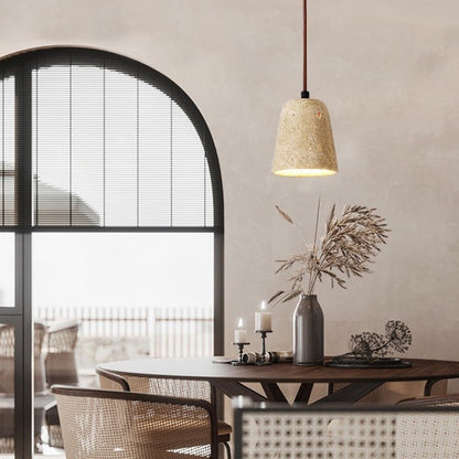 Traditional Japanese Disc Round Cylinder Yellow Travertine Solid Wood 1-Light Pendant Light For Living Room