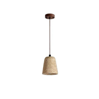 Traditional Japanese Disc Round Cylinder Yellow Travertine Solid Wood 1-Light Pendant Light For Living Room