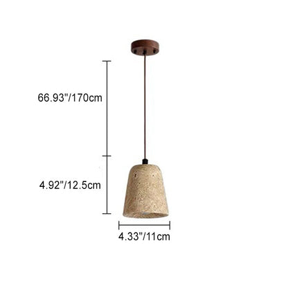 Traditional Japanese Disc Round Cylinder Yellow Travertine Solid Wood 1-Light Pendant Light For Living Room