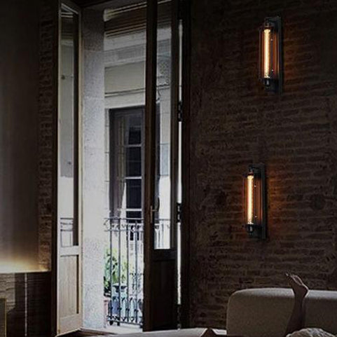 Traditional Vintage Rectangle Cylinder Glass Iron 1-Light Wall Sconce Lamp For Living Room