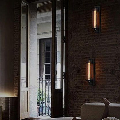 Traditional Vintage Rectangle Cylinder Glass Iron 1-Light Wall Sconce Lamp For Living Room